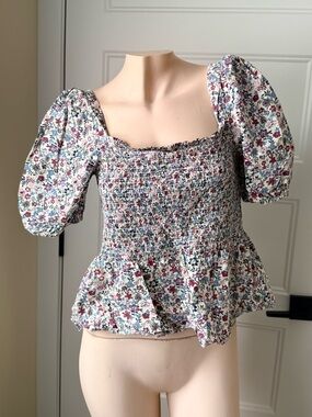 French Connection White Floral Smocked Peplum Puff-Sleeve Top